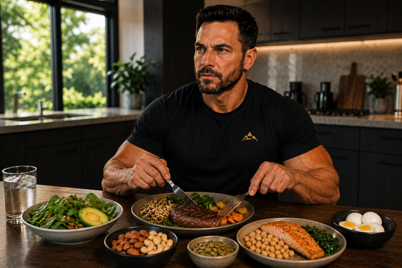 Healthy cooked meal with lean protein, vegetables, eggs, nuts, and whole foods