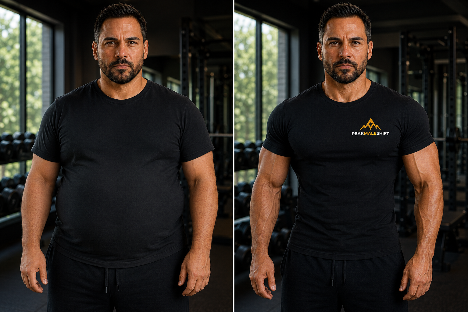 Before and after healthy body transformation in a man over 40